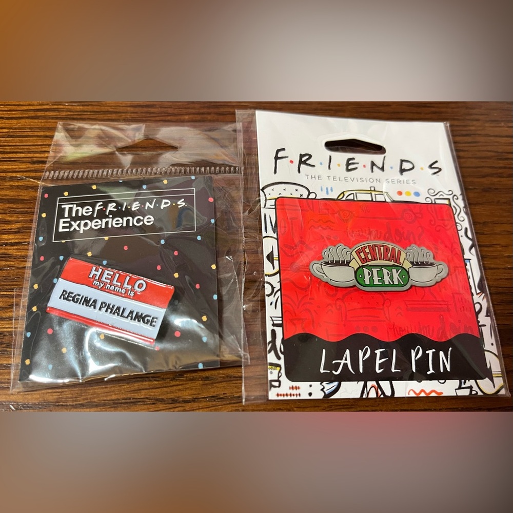 Two Friends TV Show Enamel Pins - Regina Phalange name tag & Central Perk